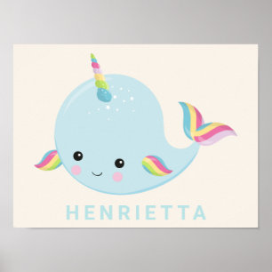 Rainbow Narwhal Kawaii Pattern Pastel Blue Name Poster