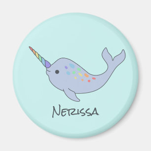 Rainbow Narwhal Name Round Magnet Magneet