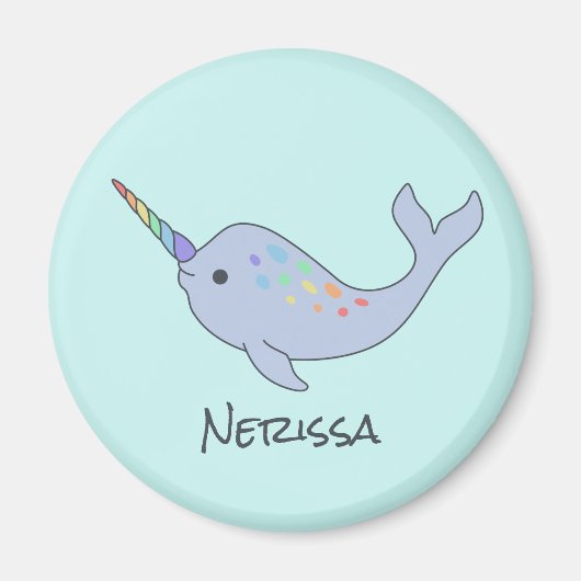 Rainbow Narwhal Name Round Magnet Magneet (Voorkant)