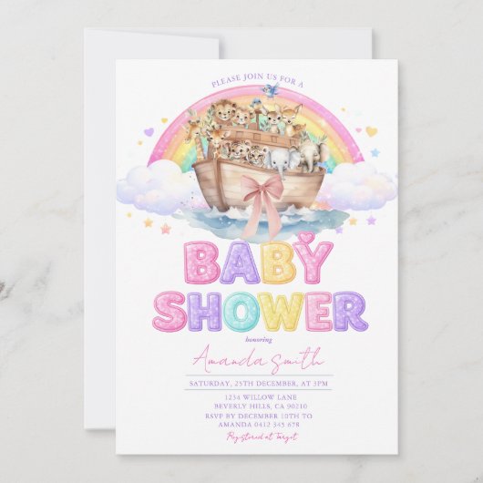 Rainbow Noah’s Ark Baby Shower Glitter Invitation Kaart (Voorkant)