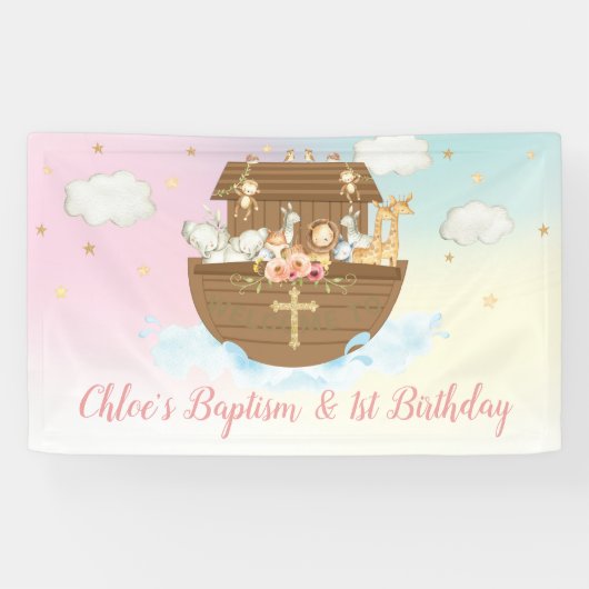 Rainbow Noah's Ark 1st Birthday Baptism Backdrop Spandoek (Horizontaal)