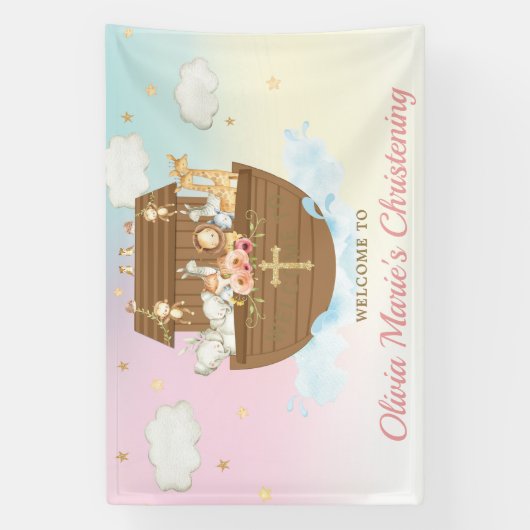 Rainbow Noah's Ark Christening Baptism Backdrop Spandoek (Verticaal)