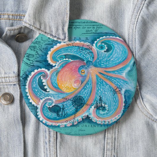 Rainbow Octopus Blauwgroen  kaart Ronde Button 6,0 Cm (In situ)