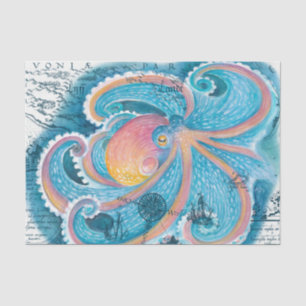 Rainbow Octopus Blue  Map Nautical Marine Tissuepapier