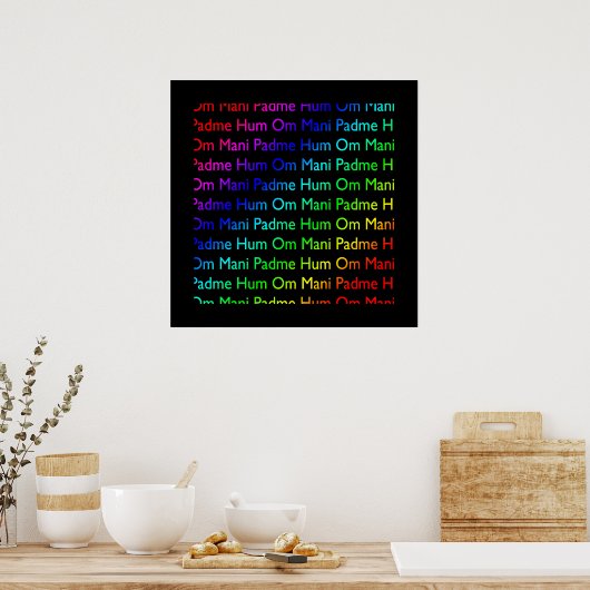 Rainbow Om Mani Padme Hum op zwarte afdruk Poster (Keuken)