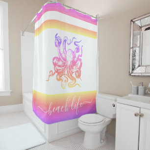 Rainbow ombre octopus modern strand life script douchegordijn