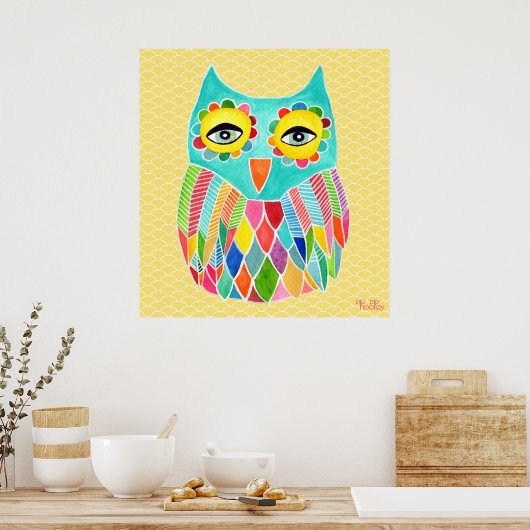 Rainbow Owl Art Girls Room Poster (Keuken)
