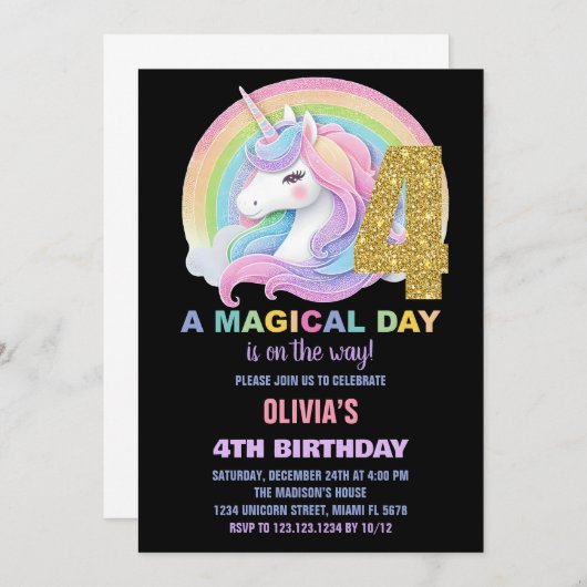 Rainbow Parties scintillant Unicorn Invitations d' (Devant / Derrière)