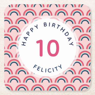 Rainbow Party Gepersonaliseerde naam Age Pink Blue Vierkante Kartonnen Onderzetter