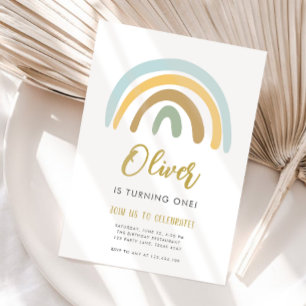 Rainbow Pastel Boho Muted Blue Boy First Birthday Kaart