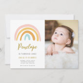 Rainbow Pastel Boho Muted Pink Girl First Birthday Kaart (Voorkant)