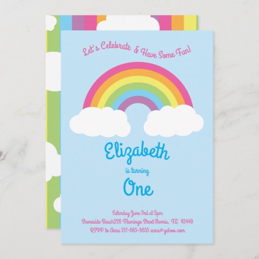 Rainbow Pastel Cute Kinder 1st Birthday Party roze Kaart (Voorkant / Achterkant)