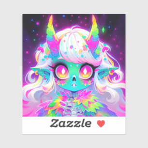 Rainbow Pastel Fantasy Skull Demon Anime Girl Sticker