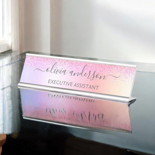 Rainbow Pastel Girly Glitter Metal Monogram Naam Bureau Naambordje
