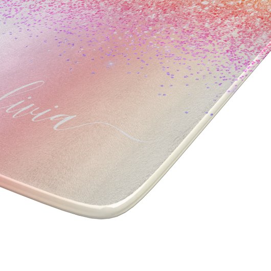Rainbow Pastel Girly Glitter Metal Monogram Naam Snijplank (Hoek)