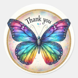 Rainbow Pastel Glitter Butterfly - Dank u - Ronde Sticker