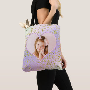 Rainbow Pastel Gold Glitter Heart Photo Afbeelding Draagtas