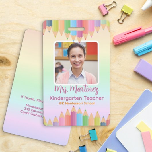 Rainbow Pastel Teacher ID Badge | Gepersonaliseerd
