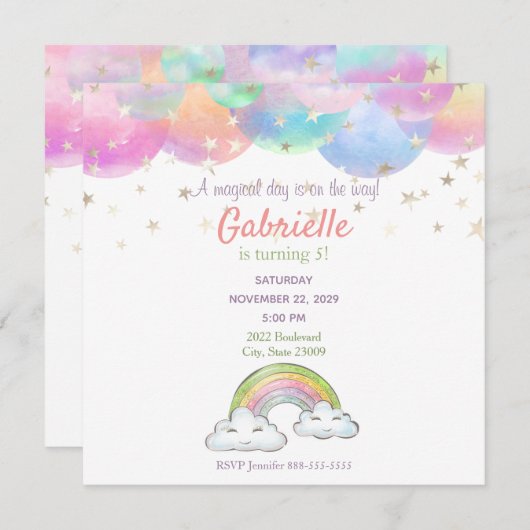 Rainbow Pastel Unicorn Invitation Anniversaire de  (Devant / Derrière)
