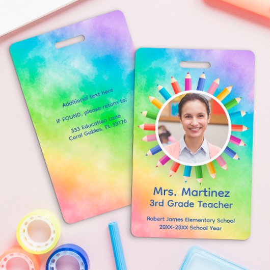 Rainbow Pencils Leraar Foto ID Badge | School-ID