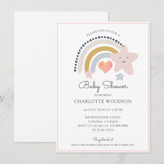 Rainbow Pink Heart Girl Baby shower Invitation (Devant / Derrière)