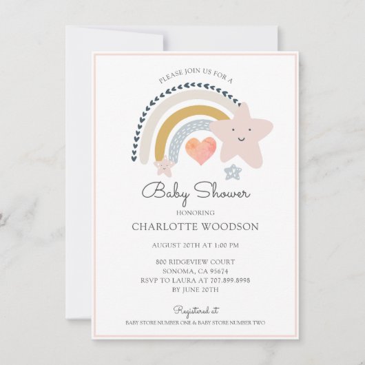Rainbow Pink Heart Girl Baby shower Invitation (Devant)