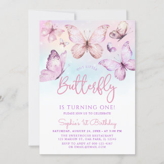 Rainbow Pink Paars Girl Butterfly 1ste verjaardag Kaart