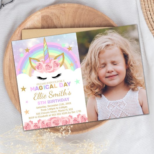 Rainbow Pink Unicorn Invitation d'anniversaire