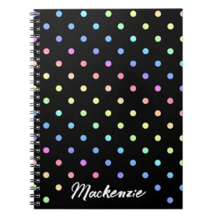 Rainbow Polka Dots Aangepaste naam op zwart Notitieboek