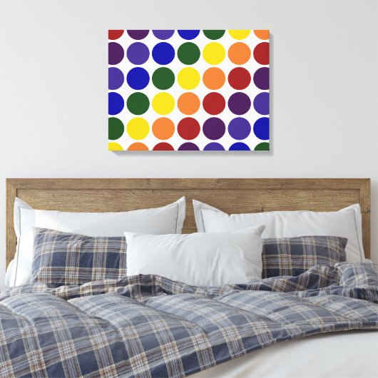 Rainbow Polka Dots on White Canvas Afdruk (Insitu (Slaapkamer))