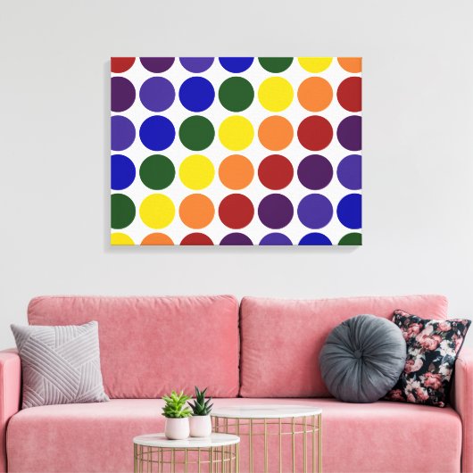 Rainbow Polka Dots on White Canvas Afdruk (Insitu (Woonkamer))
