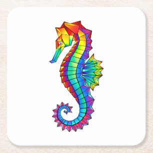 Rainbow Polygonal Seahorse Vierkante Kartonnen Onderzetter