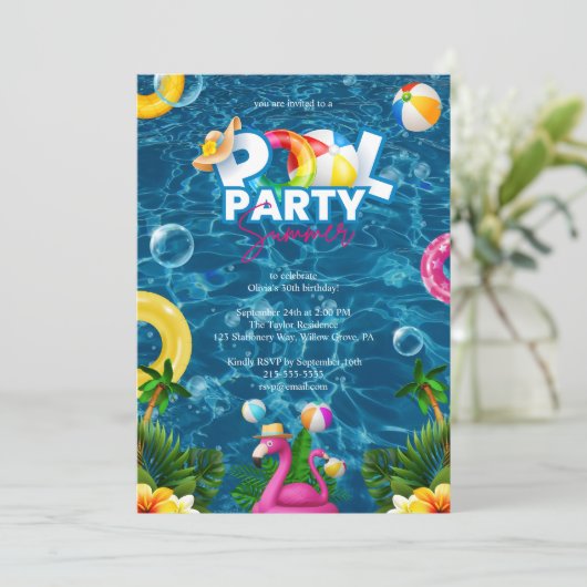 Rainbow Pool Party Birthday Invitation  (Debout devant)