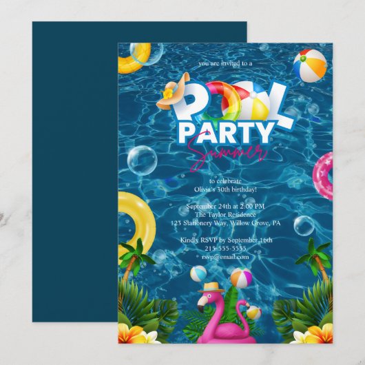 Rainbow Pool Party Birthday Invitation (Devant / Derrière)