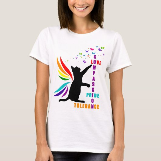 Rainbow Pride Cat and Butterfly Design T-Shirt (Voorkant)