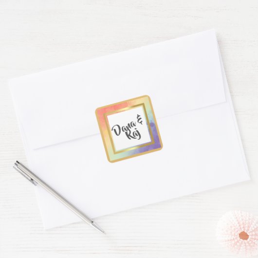 Rainbow Pride met Gold Lijst Wedding Vierkante Sticker (Envelop)