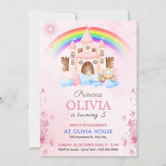 Rainbow Princess Castle Birthday Party Invitation (Devant)