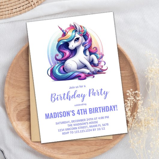 Rainbow Purple Unicorn Invitations d'anniversaire