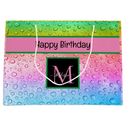 Rainbow Raindrops Monogram Verjaardag Groot Cadeauzakje (Voorkant)