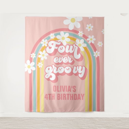 Rainbow Retro Four Ever Groovy 4de Verjaardag Wandkleed (Voorkant)