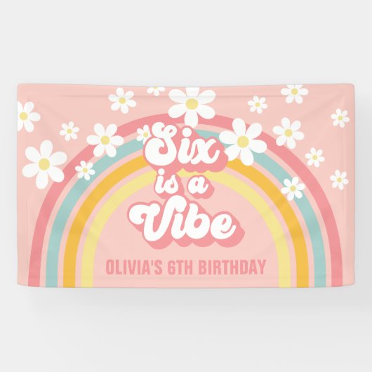 Rainbow Retro Six is een Vibe Groovy 6e verjaardag Spandoek (Horizontaal)