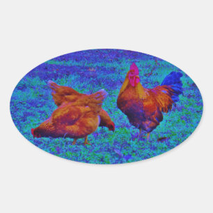 Rainbow Rooster & Hens, elektrisch blauw Ovale Sticker