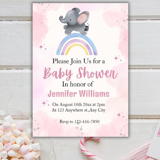 Rainbow rose éléphant bébé invitation fille douche