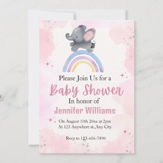 Rainbow rose éléphant bébé invitation fille douche (Devant)