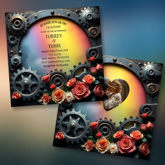 Rainbow Rozen en Metal Steampunk LGBT Wedding Kaart