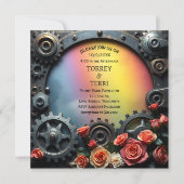 Rainbow Rozen en Metal Steampunk LGBT Wedding Kaart (Voorkant)
