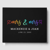 Rainbow Script Black Mrs & Mrs Lesbian Wedding Gastenboek (Voorkant)