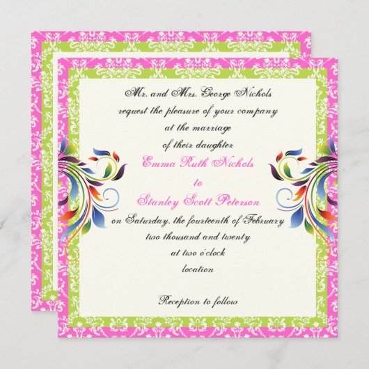 Rainbow scroll leaf damast bruiloft kaart (Voorkant / Achterkant)