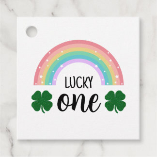 Rainbow & Shamrock Lucky One First Birthday Square Bedankjes Labels