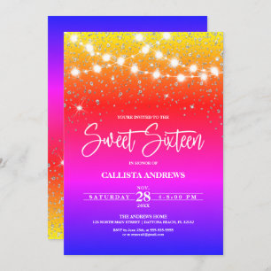 Rainbow Silver Glitter Sparkles Lights Sweet 16 Kaart